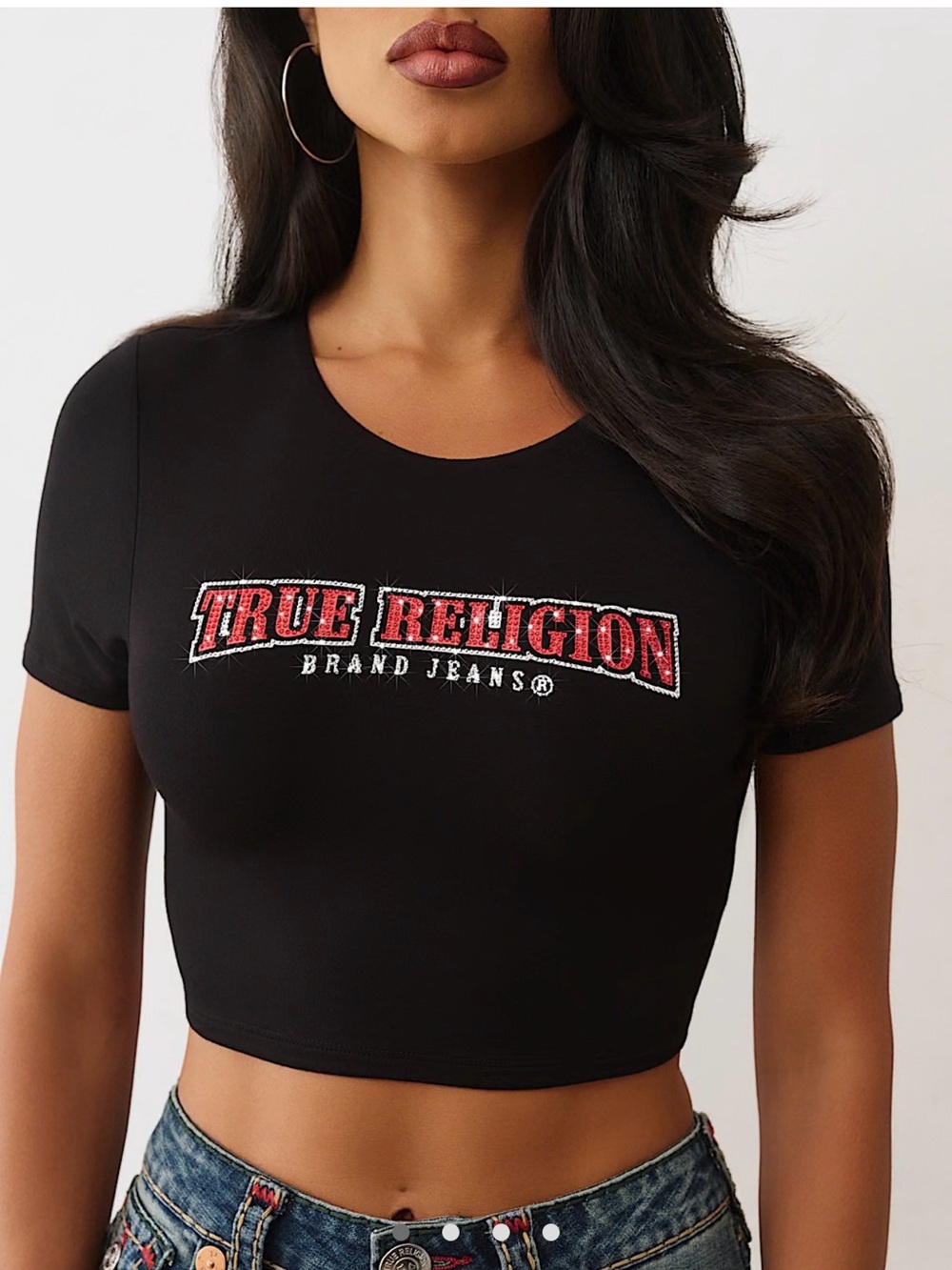 True Religion Crystal Spicy Black Crop Top with Red Logo Size M